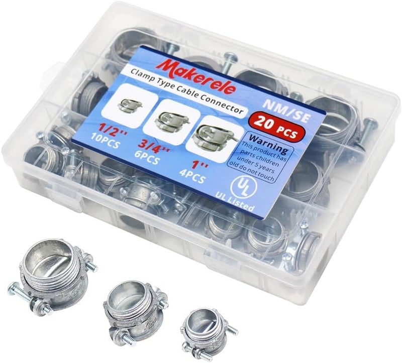 MAKERELE 20-Piece Multi-Size Connector Kit - Includes 1/2 Inch, 3/4 Inch, and 1 Inch Clamp Type Cable Connectors - UL Listed - Zinc Alloy for Metallic Conduit - Versatile for, NM and SE Cable - Image 1